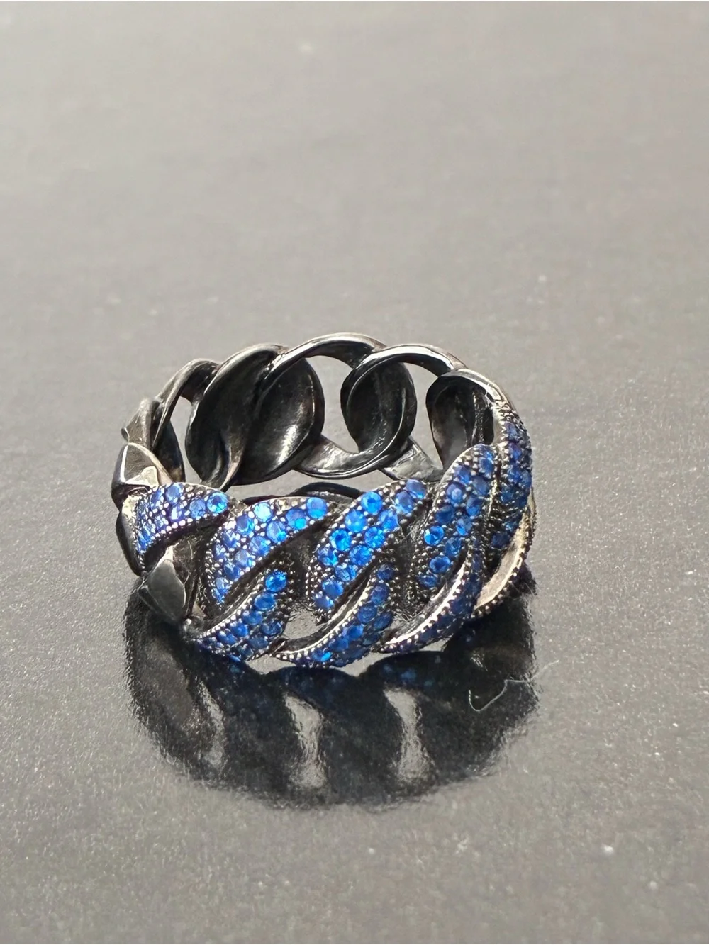 925 Sterling Silver Blue Pavé Chain Ring Sz 7- Statement/ Black Rhodium.